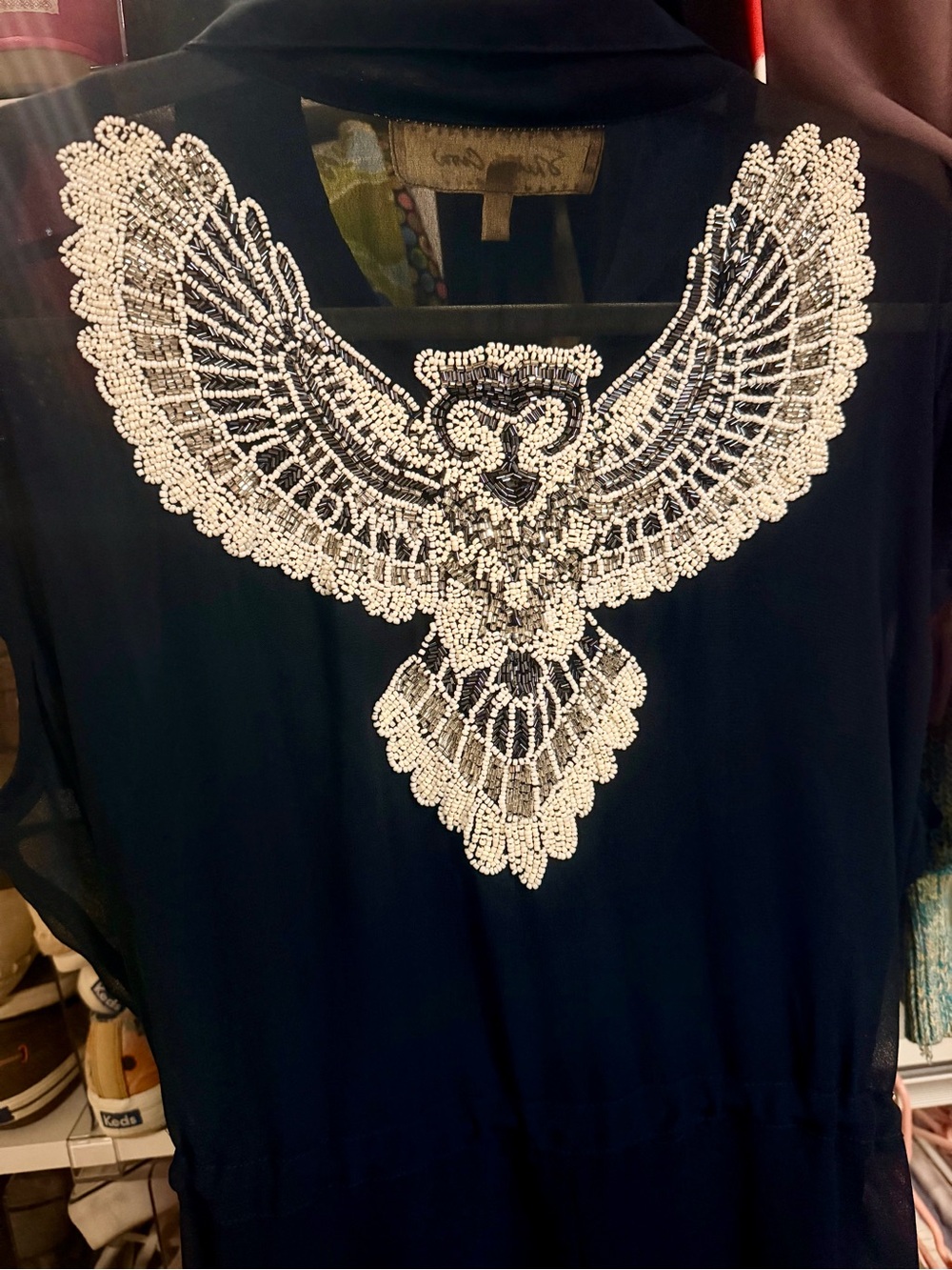 Sheryl Crow Beaded Owl Design Navy Hi Lo Dress L - New without Tags - Picture 7 of 9